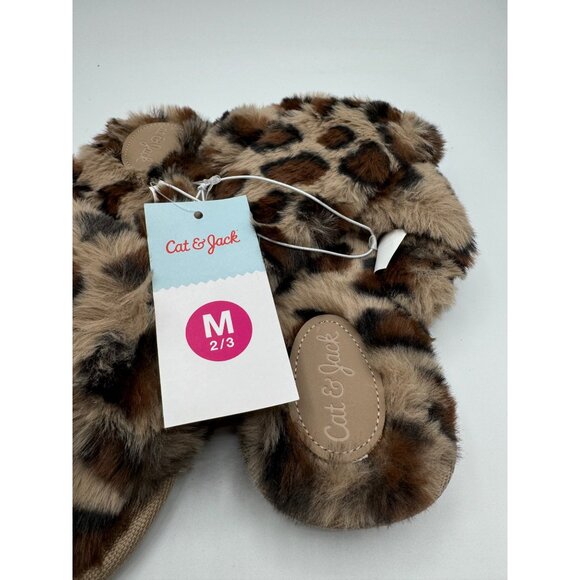 Cat & Jack Girls Leopard Print brooklyn faux fur slide on slippers M 2/3 - Picture 2 of 5